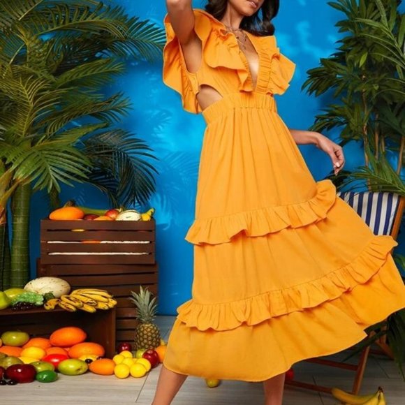 Boho Vacation style trendy V-Neck Cut Out waist Tiered Layer Dress Orange - Picture 4 of 5